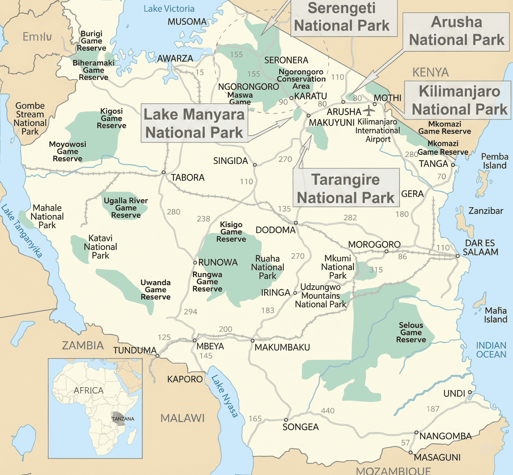 Map of Tanzania National Parks on the Northern Safari Circuit