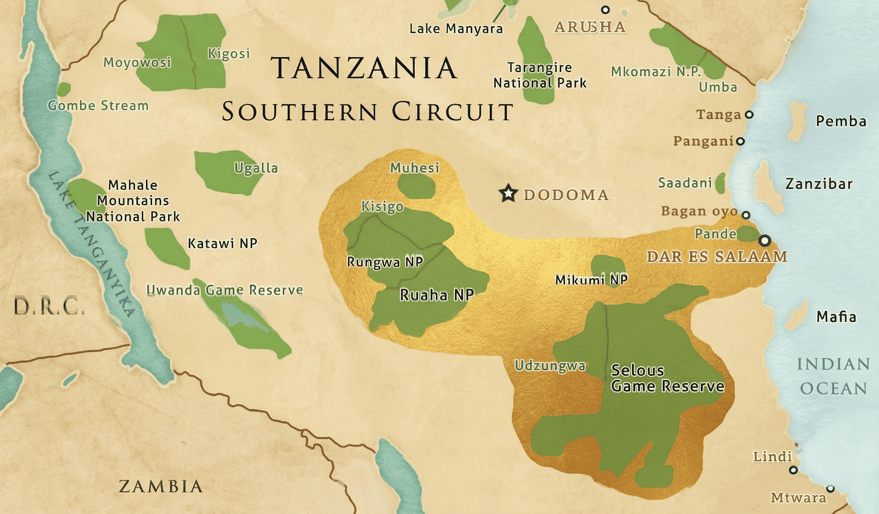 Map of the Tanzania Southern Circuit featuring Ruaha National Park and Nyerere